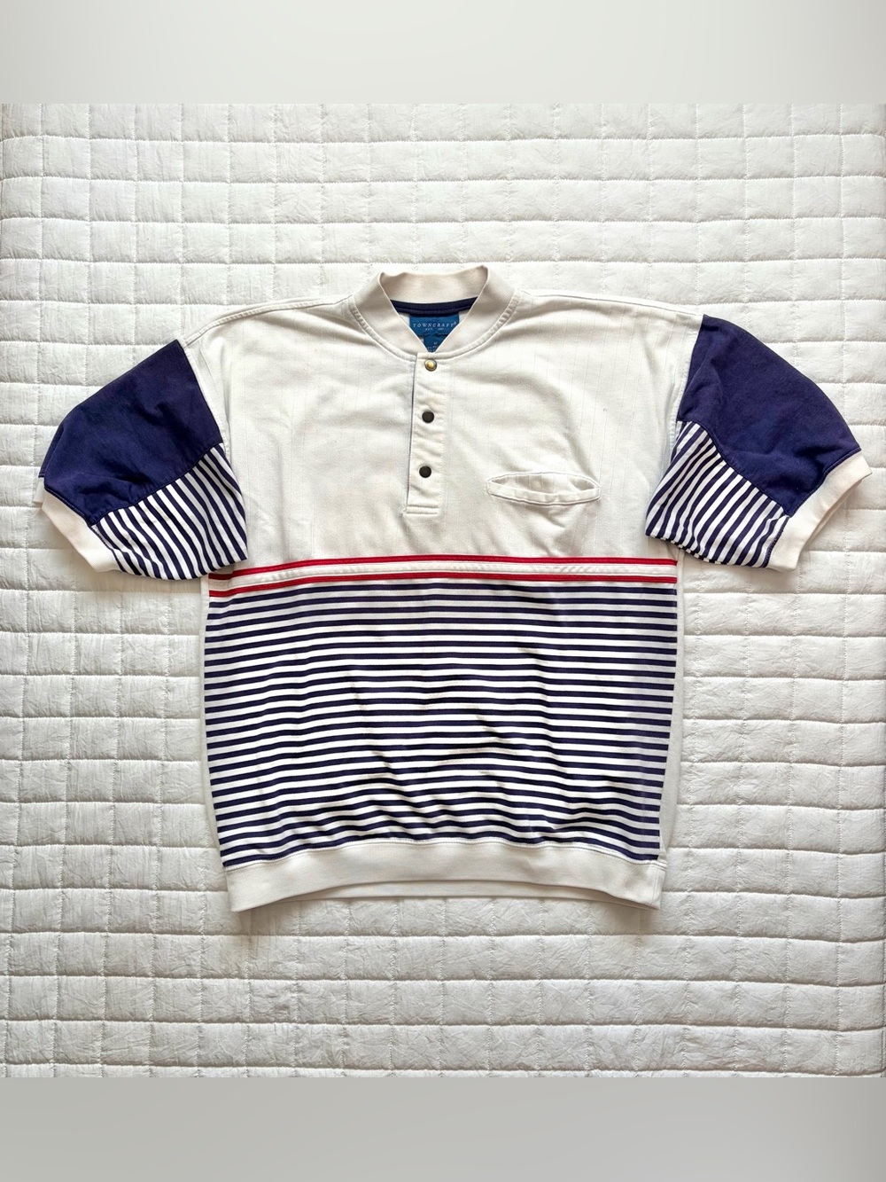 VTG Towncraft Henley Polo T-Shirt Striped Red White Blue Size M